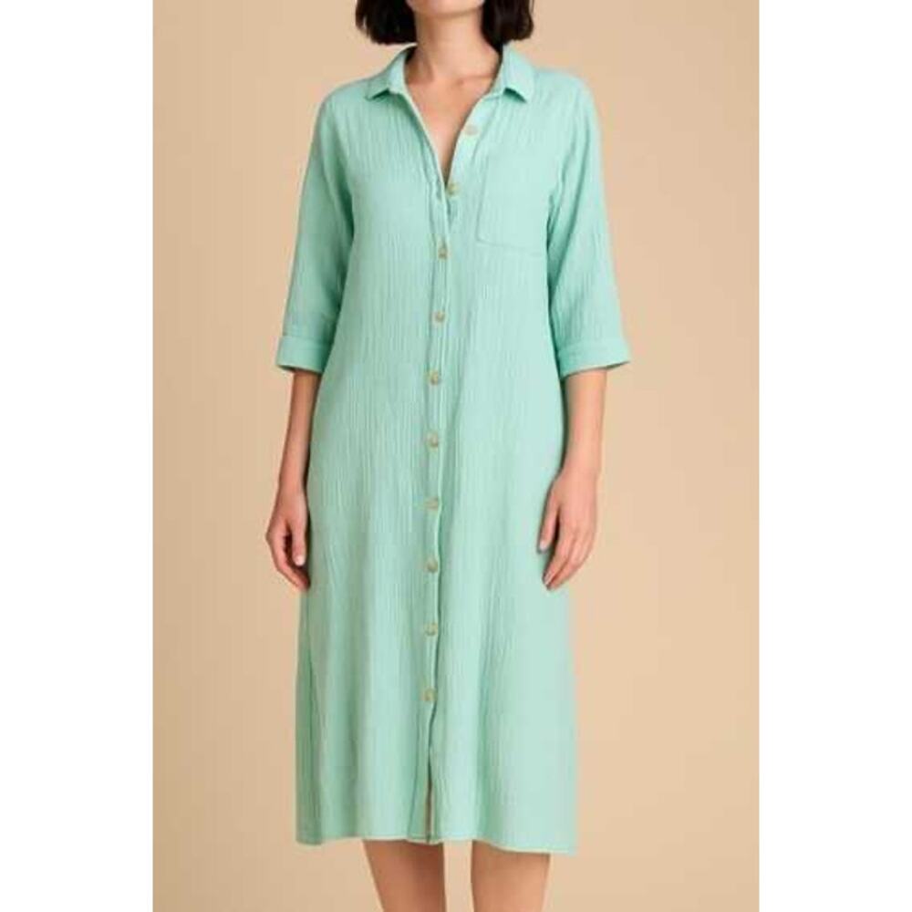 J. Jill Maxi Seersucker Dress Green Blue Coastal Gauzy Euro-Summer Plus Size 3X